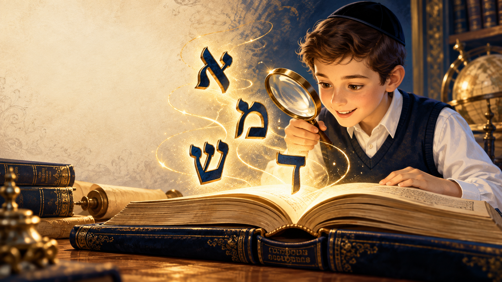 Menino judeu com uma lupa descobrindo letras hebraicas em um livro
